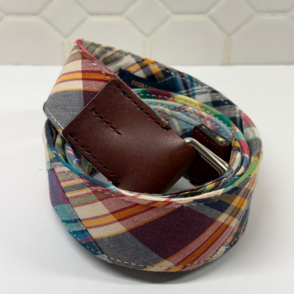 Brooks Brothers 346 Belt Mens Medium Multi Color Patchwork Plaid Cotton Leather